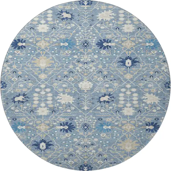 8' Denim Blue Beige And Ivory Oriental Washable Round Rug With UV Protection Photo 2