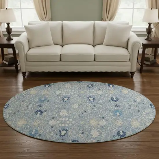 8' Denim Blue Beige And Ivory Oriental Washable Round Rug With UV Protection Photo 2