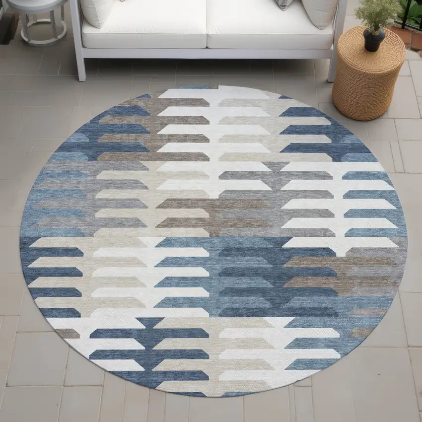 8' Denim Blue Beige And Ivory Round Geometric Washable Indoor Outdoor Area Rug Photo 8
