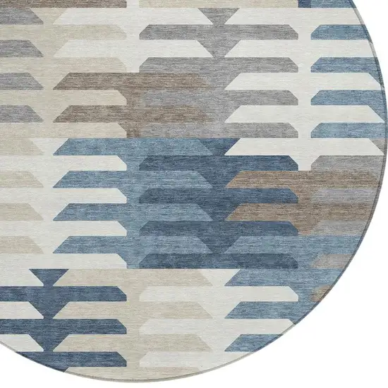 8' Denim Blue Beige And Ivory Round Geometric Washable Indoor Outdoor Area Rug Photo 7