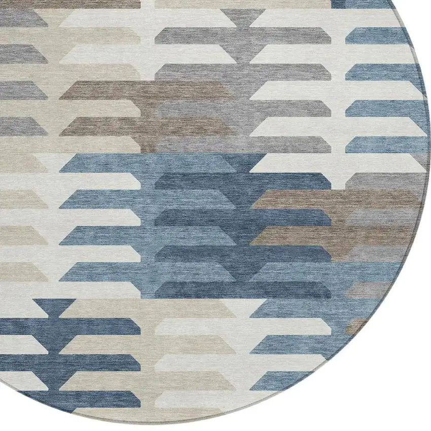 8' Denim Blue Beige And Ivory Round Geometric Washable Indoor Outdoor Area Rug Photo 7