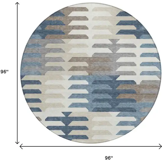 8' Denim Blue Beige And Ivory Round Geometric Washable Indoor Outdoor Area Rug Photo 3