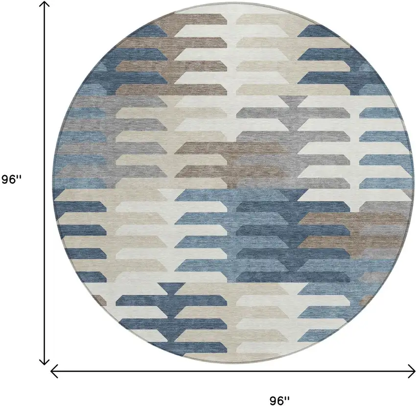 8' Denim Blue Beige And Ivory Round Geometric Washable Indoor Outdoor Area Rug Photo 3