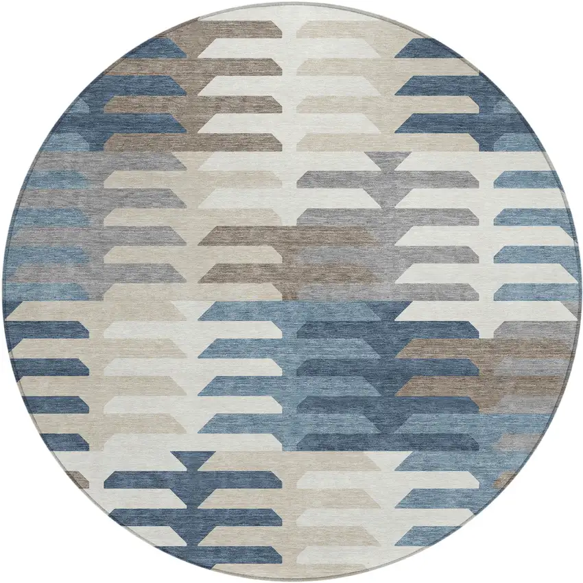 8' Denim Blue Beige And Ivory Round Geometric Washable Indoor Outdoor Area Rug Photo 2