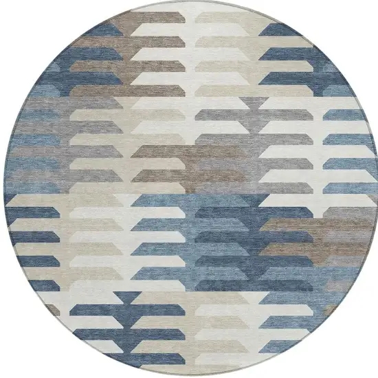 8' Denim Blue Beige And Ivory Round Geometric Washable Indoor Outdoor Area Rug Photo 4