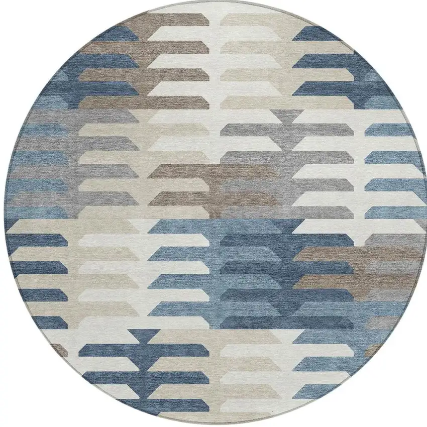 8' Denim Blue Beige And Ivory Round Geometric Washable Indoor Outdoor Area Rug Photo 4