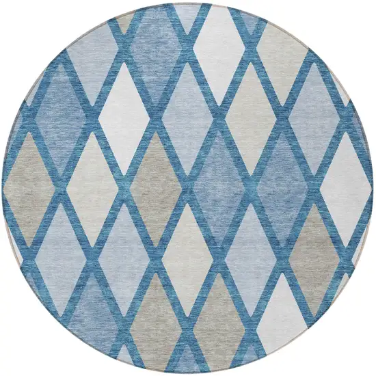 8' Denim Blue Beige And Ivory Round Geometric Washable Indoor Outdoor Area Rug Photo 5