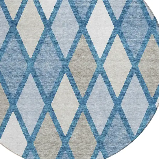 8' Denim Blue Beige And Ivory Round Geometric Washable Indoor Outdoor Area Rug Photo 4
