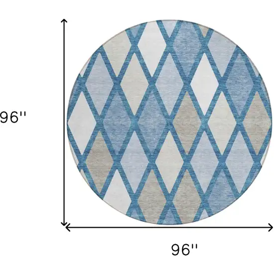 8' Denim Blue Beige And Ivory Round Geometric Washable Indoor Outdoor Area Rug Photo 3