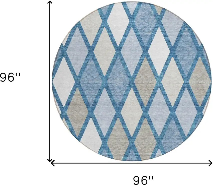 8' Denim Blue Beige And Ivory Round Geometric Washable Indoor Outdoor Area Rug Photo 3