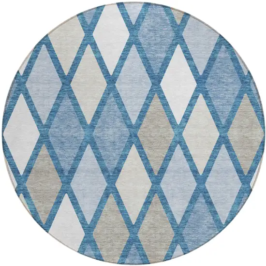 8' Denim Blue Beige And Ivory Round Geometric Washable Indoor Outdoor Area Rug Photo 2