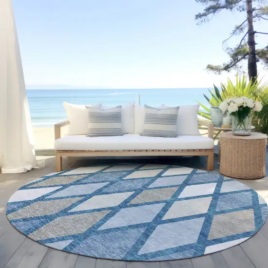 8' Denim Blue Beige And Ivory Round Geometric Washable Indoor Outdoor Area Rug Photo 6
