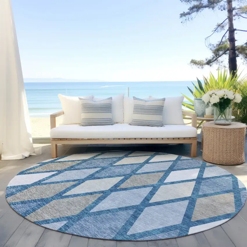 8' Denim Blue Beige And Ivory Round Geometric Washable Indoor Outdoor Area Rug Photo 6