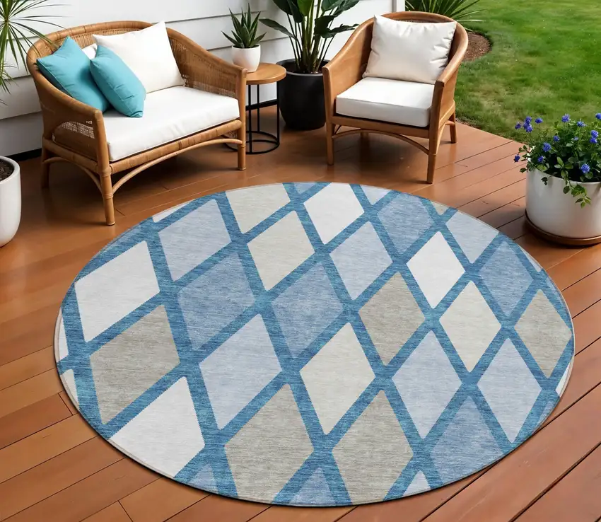 8' Denim Blue Beige And Ivory Round Geometric Washable Indoor Outdoor Area Rug Photo 1