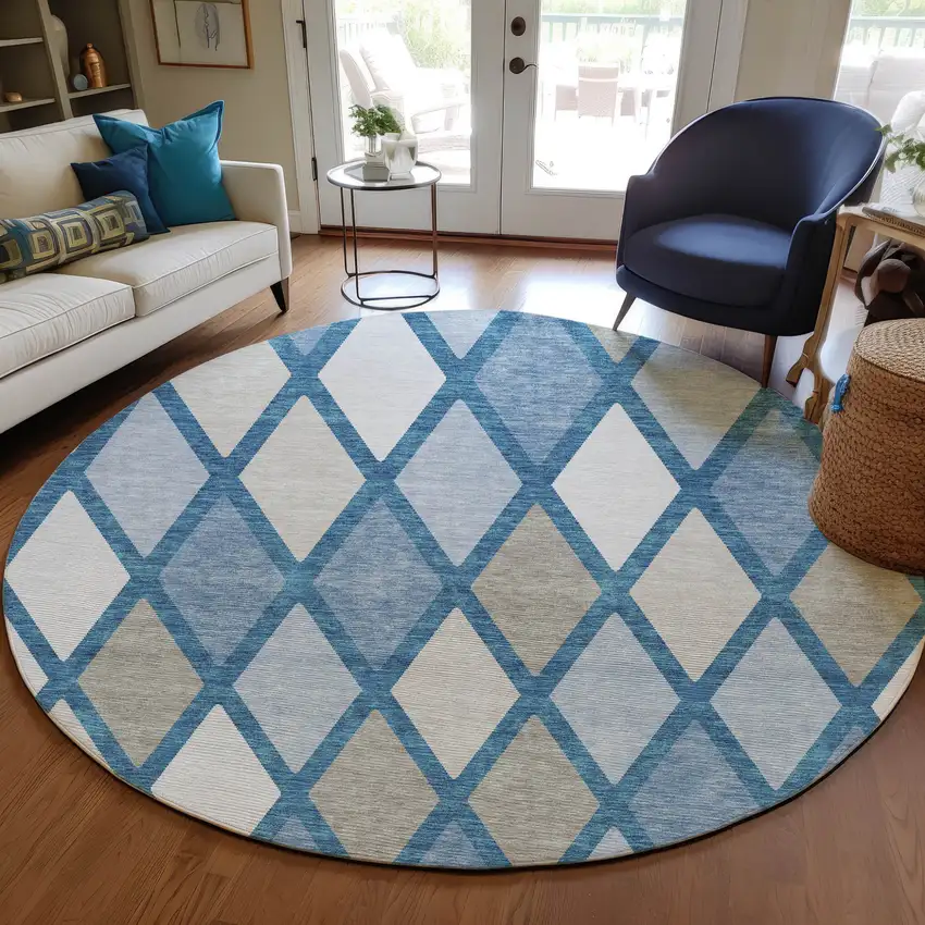 8' Denim Blue Beige And Ivory Round Geometric Washable Indoor Outdoor Area Rug Photo 7