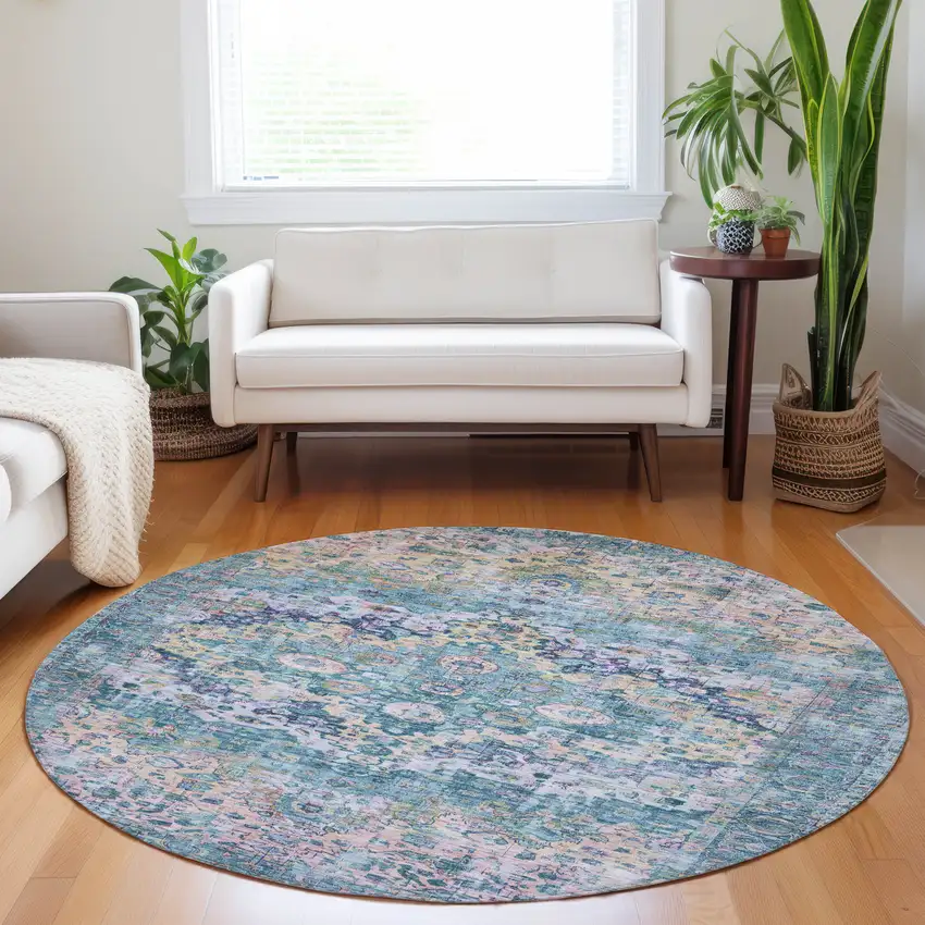 8' Denim Blue Beige And Pink Round Floral Washable Indoor Outdoor Area Rug Photo 6