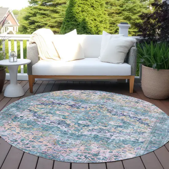 8' Denim Blue Beige And Pink Round Floral Washable Indoor Outdoor Area Rug Photo 5