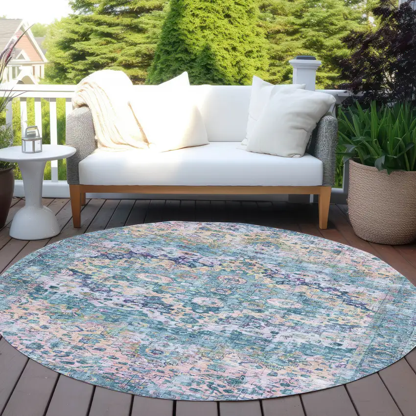 8' Denim Blue Beige And Pink Round Floral Washable Indoor Outdoor Area Rug Photo 5