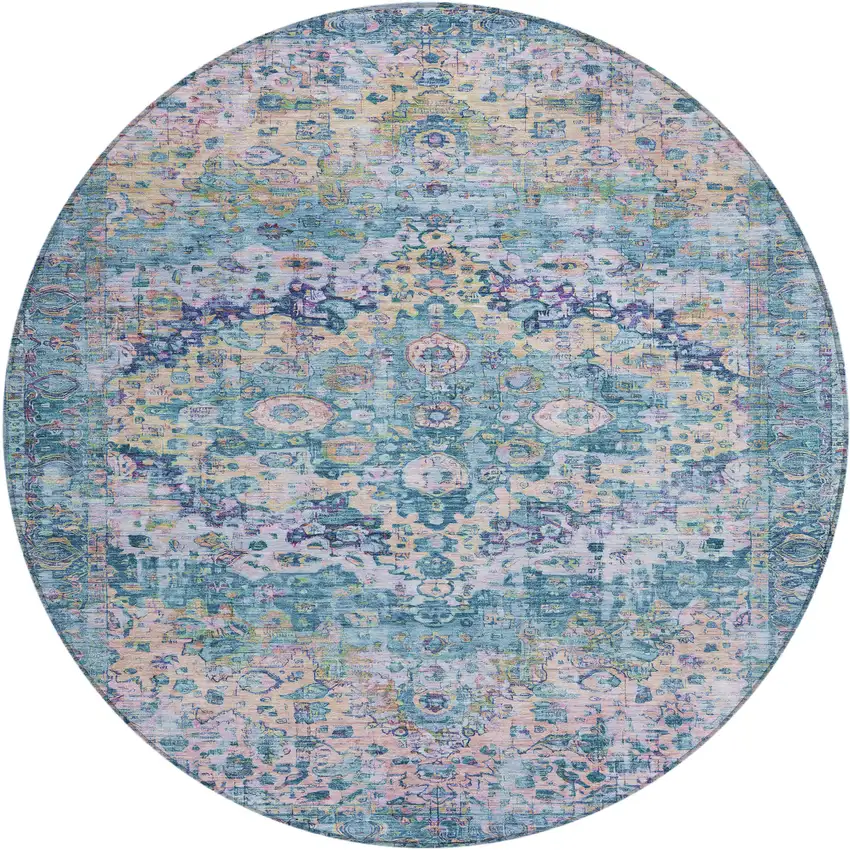 8' Denim Blue Beige And Pink Round Floral Washable Indoor Outdoor Area Rug Photo 1