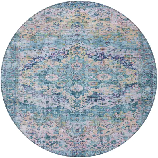 8' Denim Blue Beige And Pink Round Floral Washable Indoor Outdoor Area Rug Photo 3