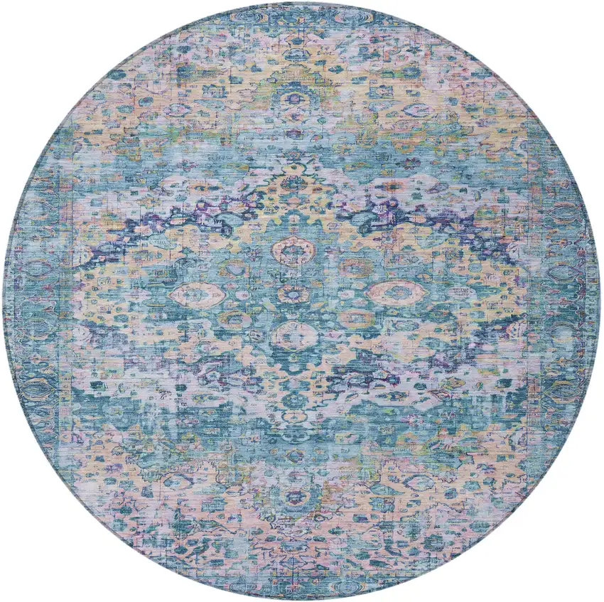 8' Denim Blue Beige And Pink Round Floral Washable Indoor Outdoor Area Rug Photo 3