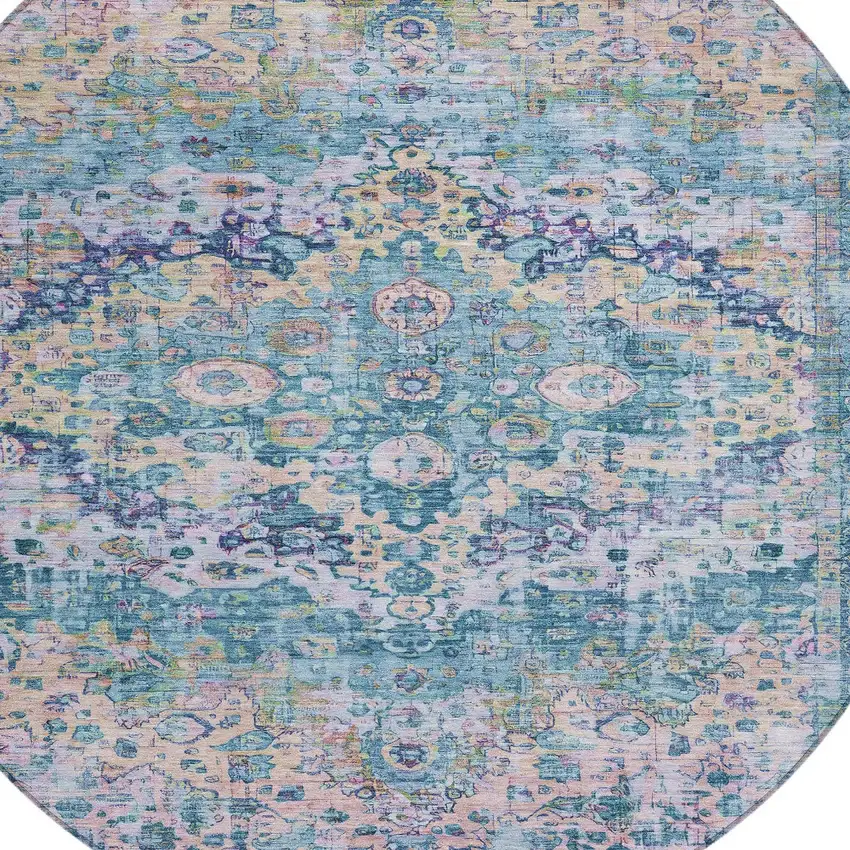 8' Denim Blue Beige And Pink Round Floral Washable Indoor Outdoor Area Rug Photo 9