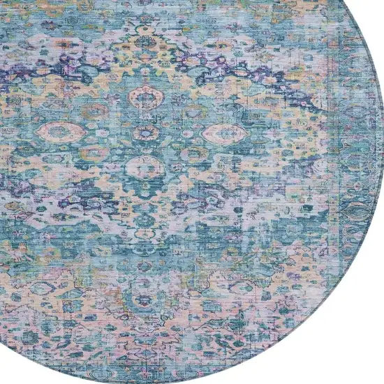 8' Denim Blue Beige And Pink Round Floral Washable Indoor Outdoor Area Rug Photo 4