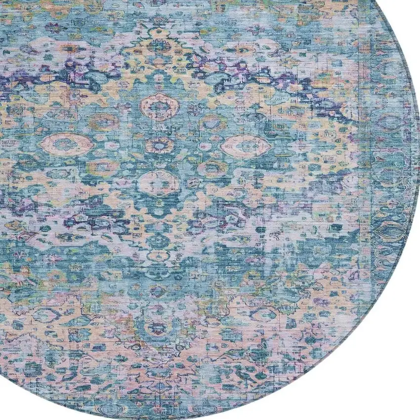 8' Denim Blue Beige And Pink Round Floral Washable Indoor Outdoor Area Rug Photo 4