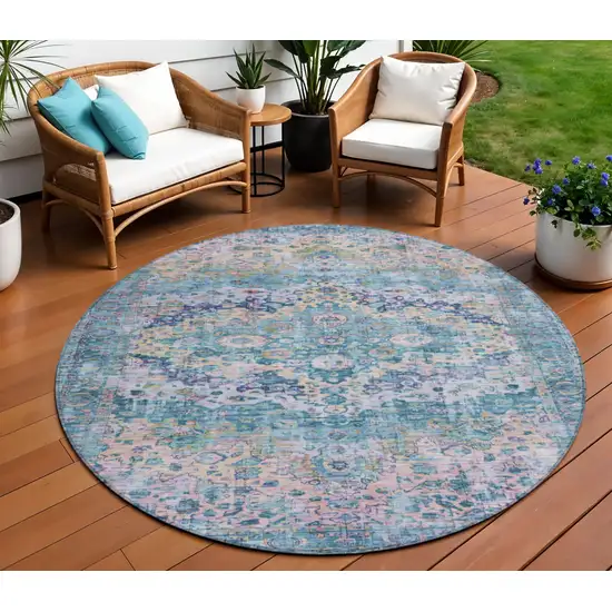 8' Denim Blue Beige And Pink Round Floral Washable Indoor Outdoor Area Rug Photo 2