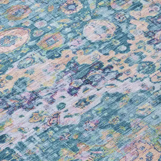 8' Denim Blue Beige And Pink Round Floral Washable Indoor Outdoor Area Rug Photo 8