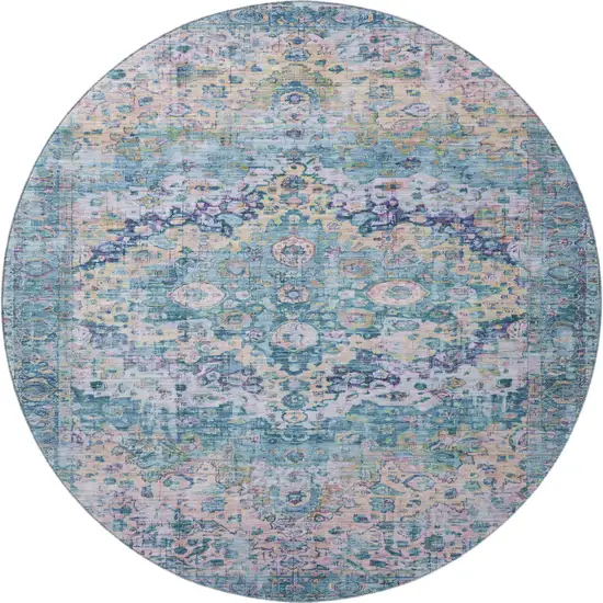 8' Denim Blue Beige And Wheat Oriental Washable Round Rug With UV Protection Photo 3