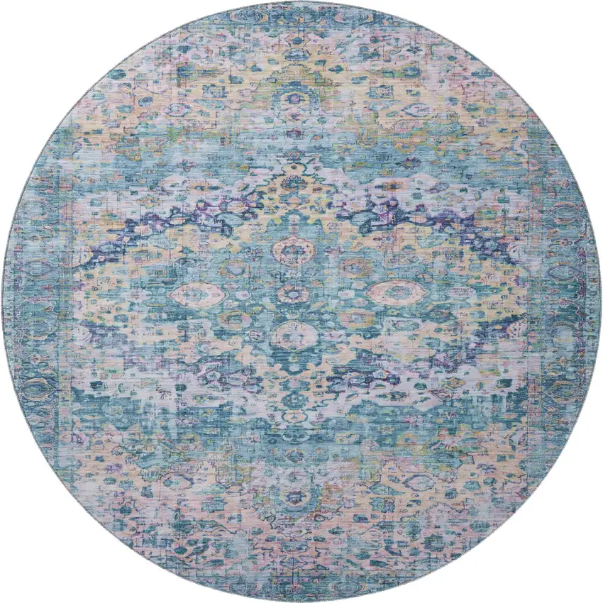 8' Denim Blue Beige And Wheat Oriental Washable Round Rug With UV Protection Photo 3