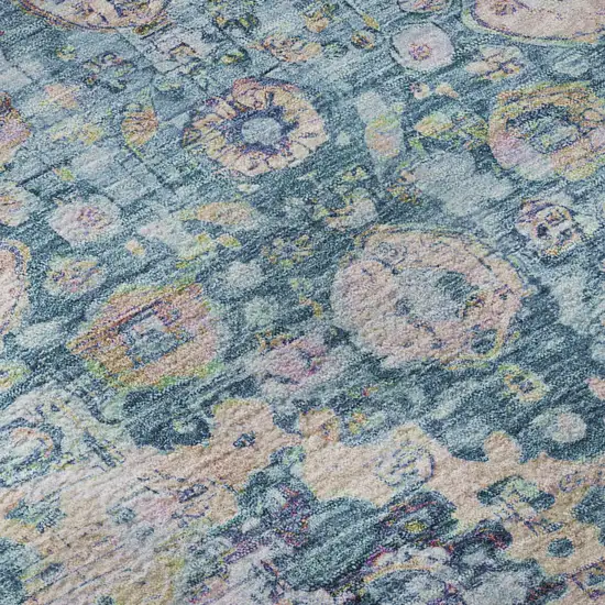 8' Denim Blue Beige And Wheat Oriental Washable Round Rug With UV Protection Photo 8