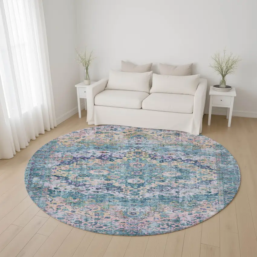8' Denim Blue Beige And Wheat Oriental Washable Round Rug With UV Protection Photo 4