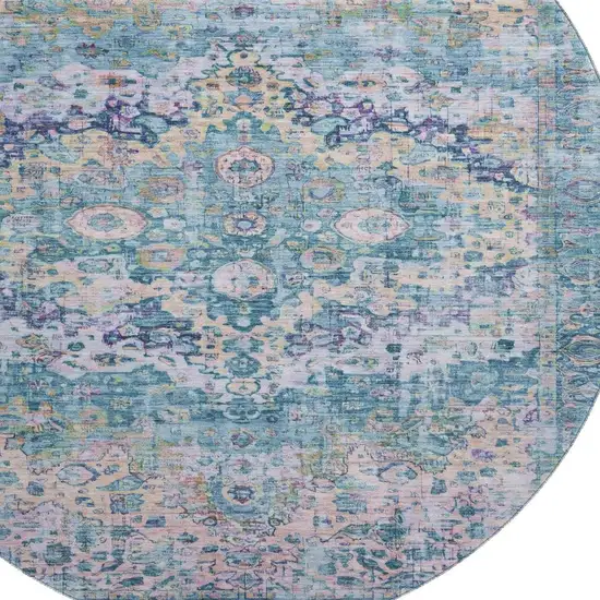 8' Denim Blue Beige And Wheat Oriental Washable Round Rug With UV Protection Photo 2