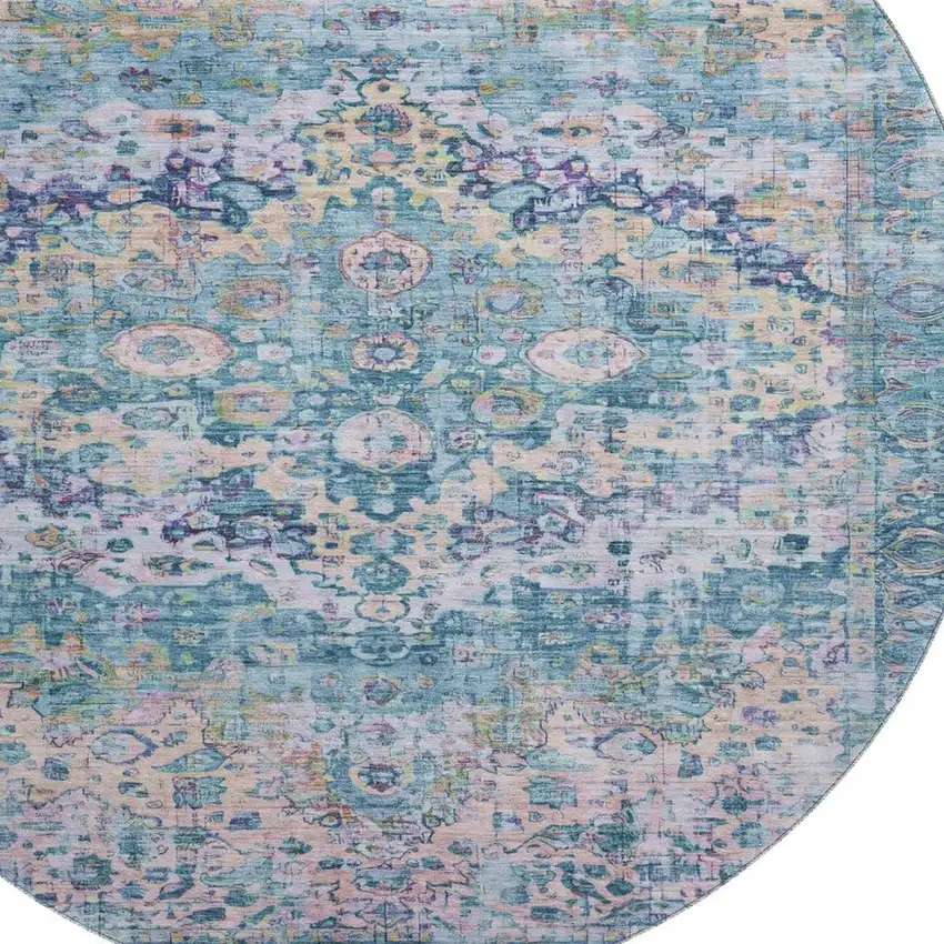 8' Denim Blue Beige And Wheat Oriental Washable Round Rug With UV Protection Photo 2