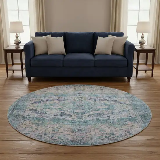 8' Denim Blue Beige And Wheat Oriental Washable Round Rug With UV Protection Photo 2