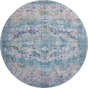 Photo of 8' Denim Blue Beige And Wheat Oriental Washable Round Rug With UV Protection
