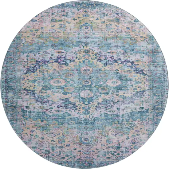8' Denim Blue Beige And Wheat Oriental Washable Round Rug With UV Protection Photo 1