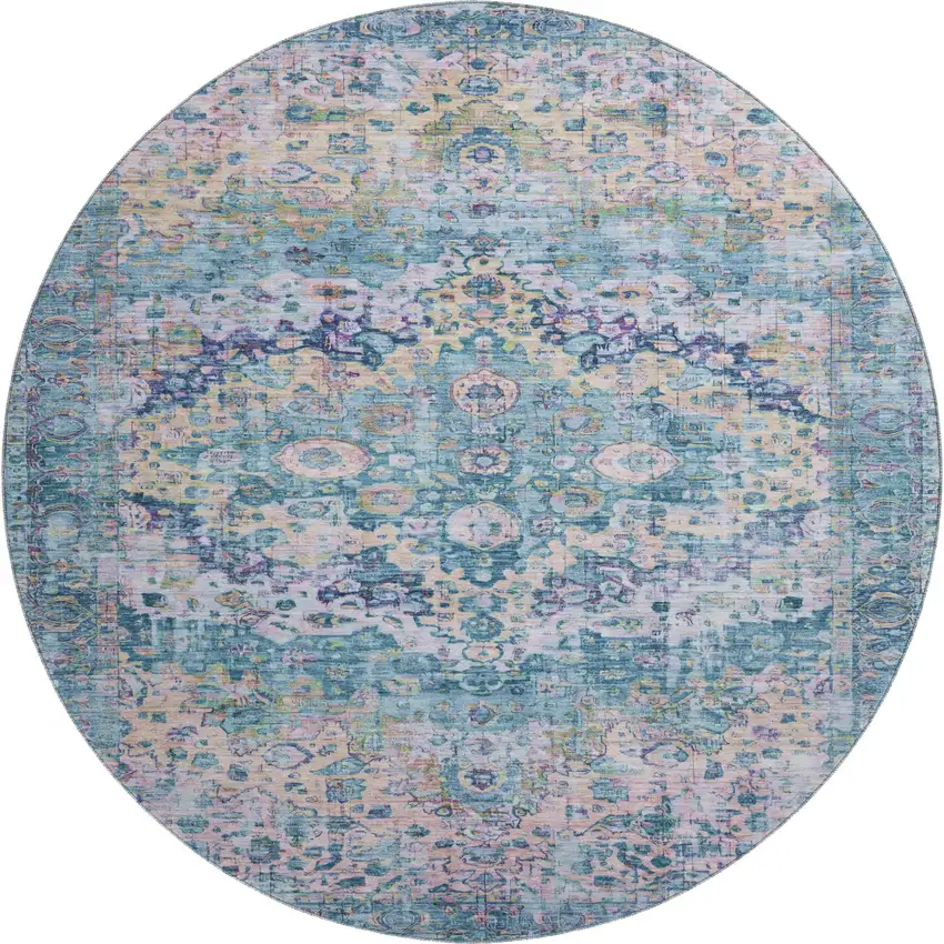 8' Denim Blue Beige And Wheat Oriental Washable Round Rug With UV Protection Photo 1