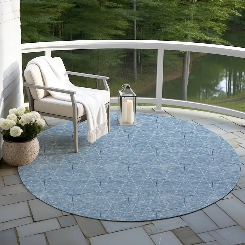 8' Denim Blue Black And Ivory Round Geometric Washable Indoor Outdoor Area Rug Photo 6