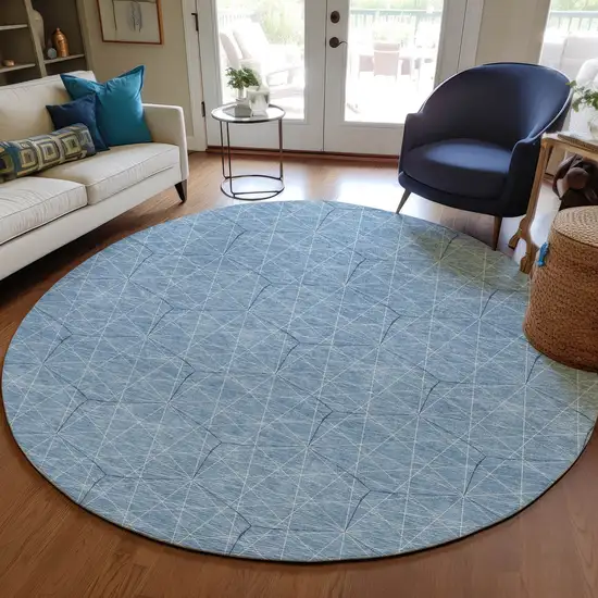 8' Denim Blue Black And Ivory Round Geometric Washable Indoor Outdoor Area Rug Photo 7