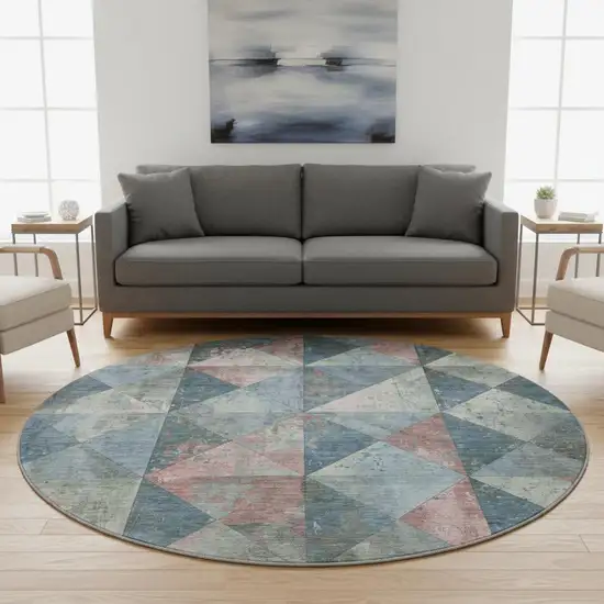 8' Denim Blue Blush And Ivory Geometric Washable Round Rug With UV Protection Photo 2