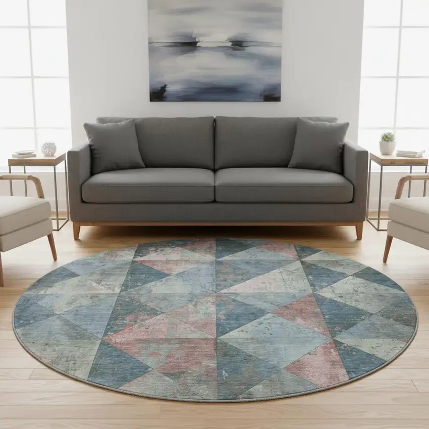 8' Denim Blue Blush And Ivory Geometric Washable Round Rug With UV Protection Photo 2