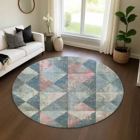 8' Denim Blue Blush And Ivory Geometric Washable Round Rug With UV Protection Photo 4