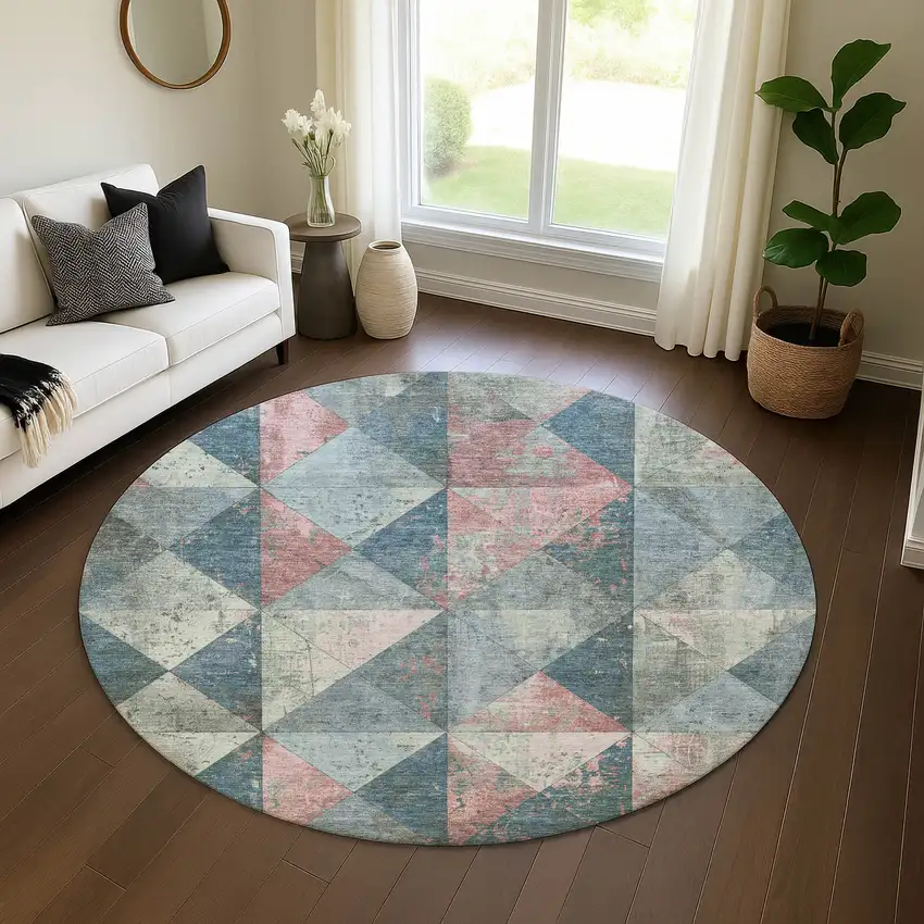 8' Denim Blue Blush And Ivory Geometric Washable Round Rug With UV Protection Photo 4