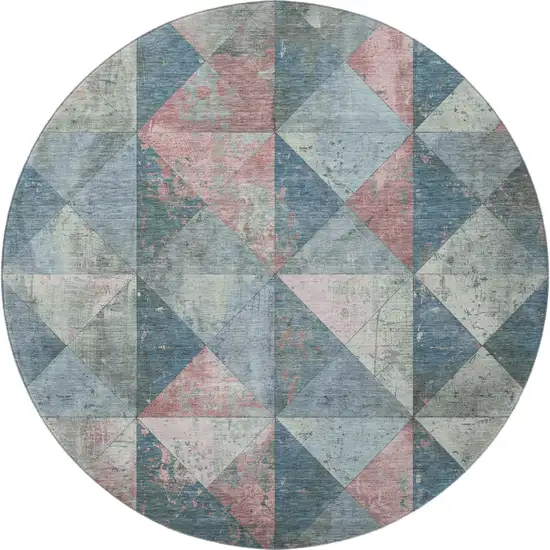 8' Denim Blue Blush And Ivory Geometric Washable Round Rug With UV Protection Photo 3