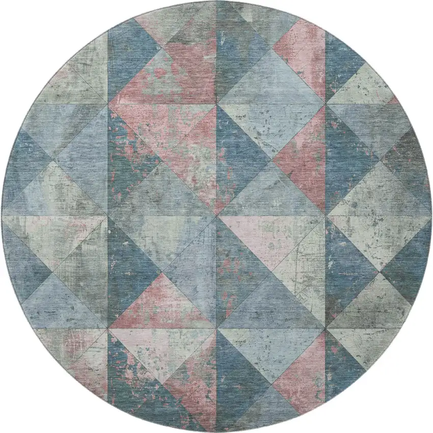 8' Denim Blue Blush And Ivory Geometric Washable Round Rug With UV Protection Photo 3
