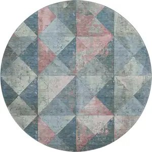Photo of 8' Denim Blue Blush And Ivory Geometric Washable Round Rug With UV Protection