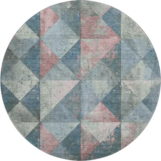 8' Denim Blue Blush And Ivory Geometric Washable Round Rug With UV Protection Photo 1